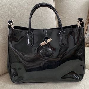 Longchamp midnight blue patent leather Satchel with strap.